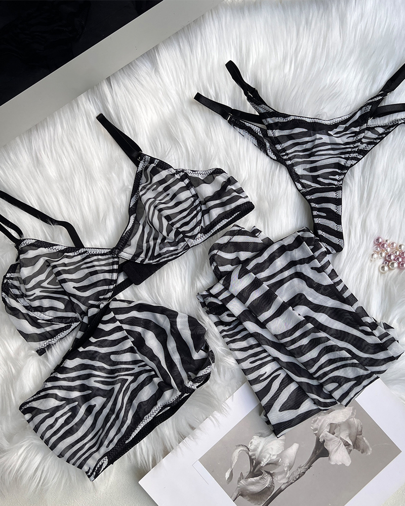 Zebra Print 4-Piece Lingerie Set