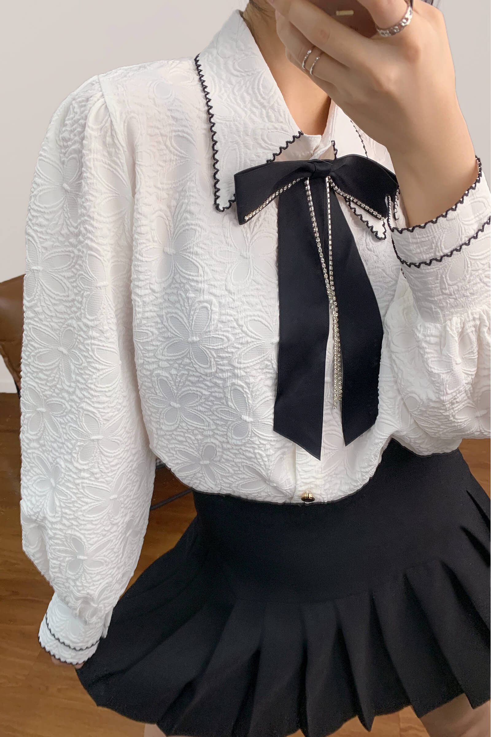 White Textured Bow Neck Balloon Sleeve Shirt