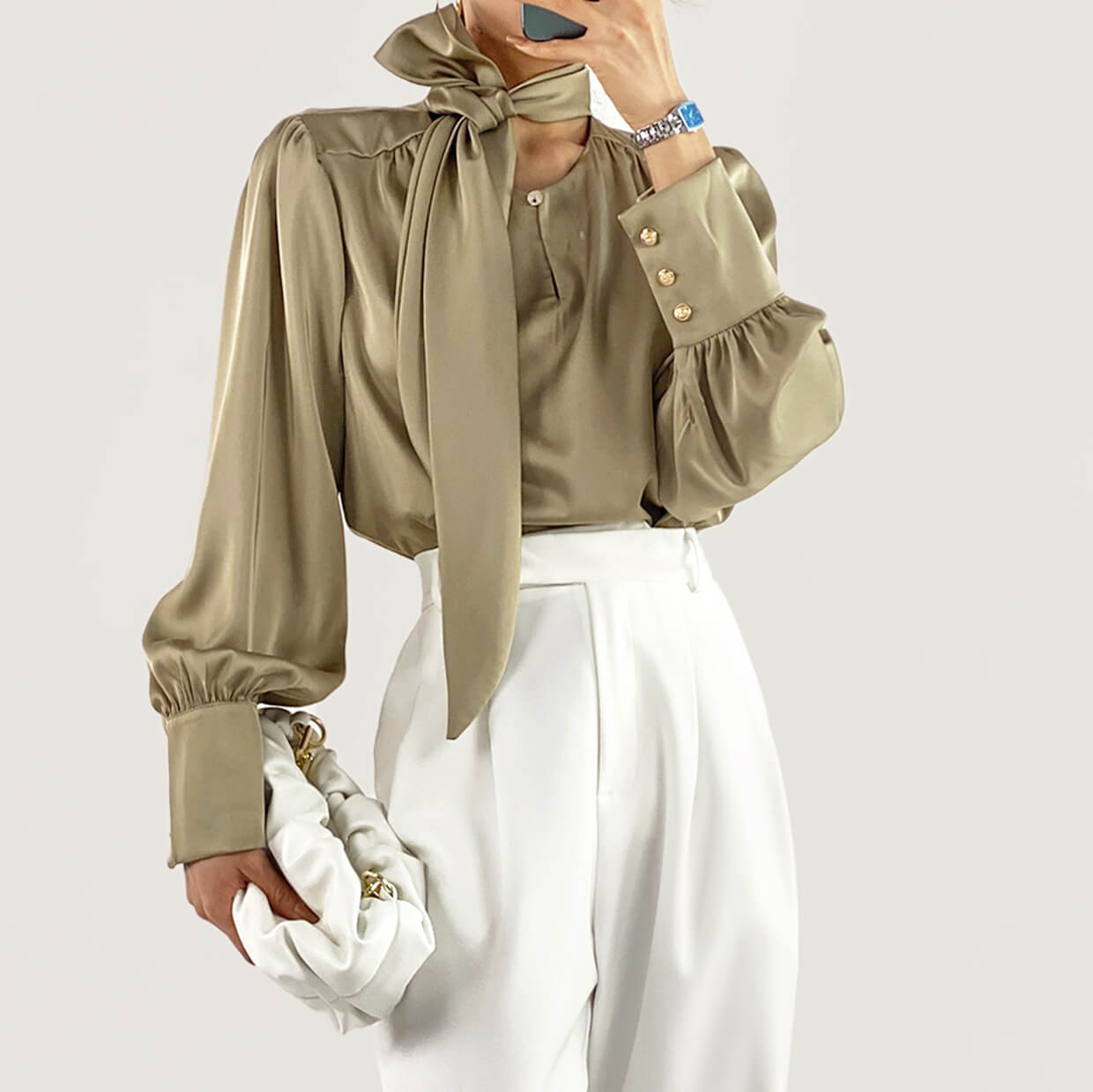 Dark Khaki Satin Ballon Sleeve Blouse