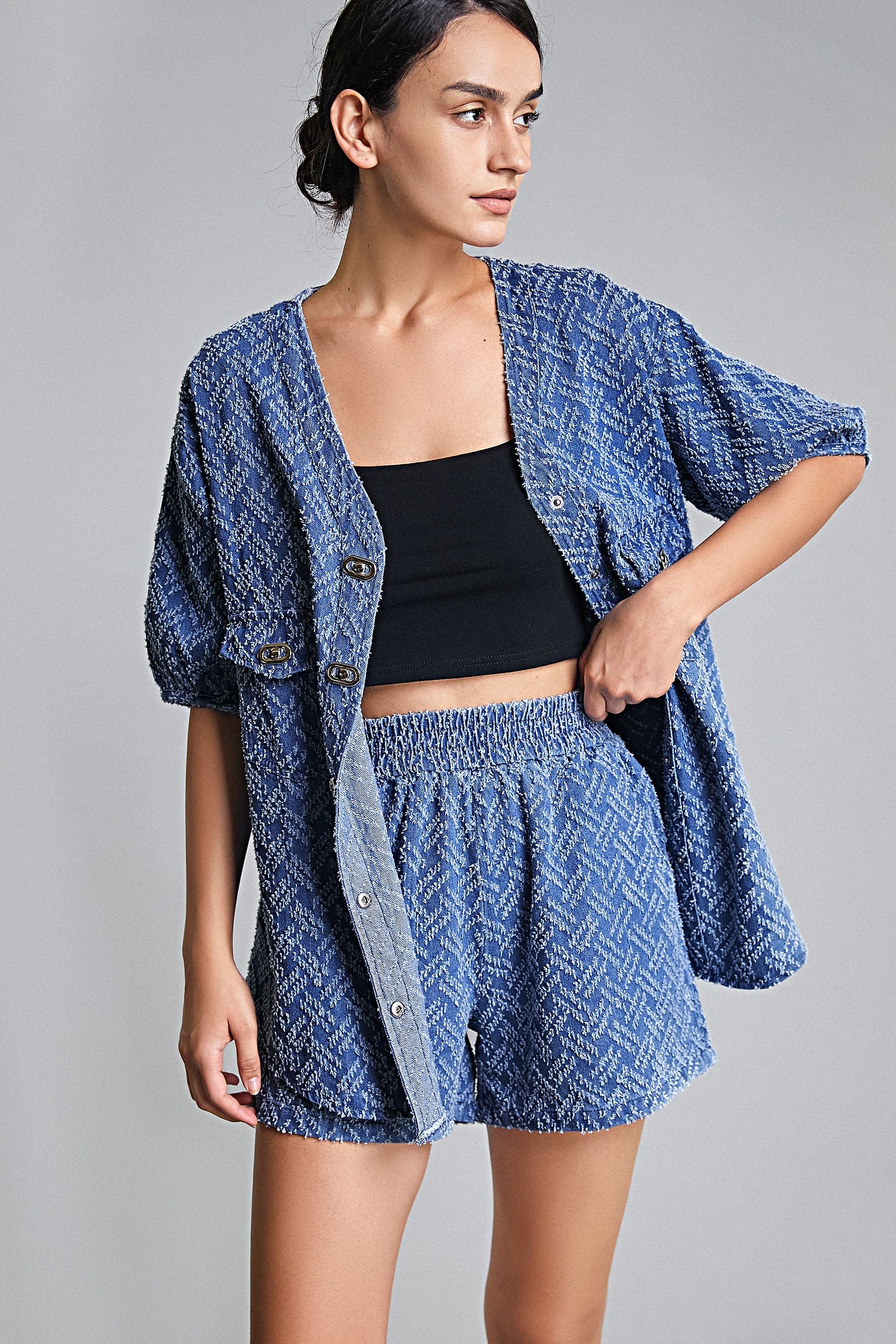 Royal Blue Frayed Denim Longline Button-Up Top & Shorts Two-Piece Set