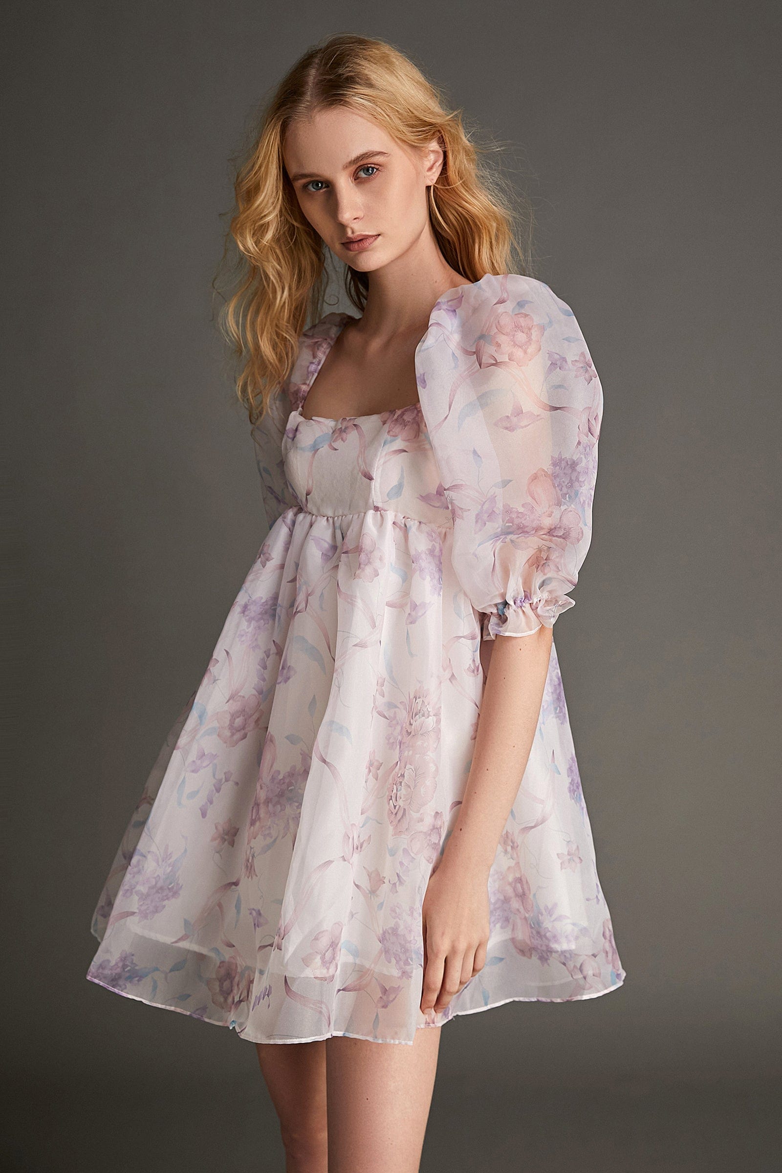 Plum Organza Floral Print Square Neck Puff Sleeve Babydoll Mini Dress