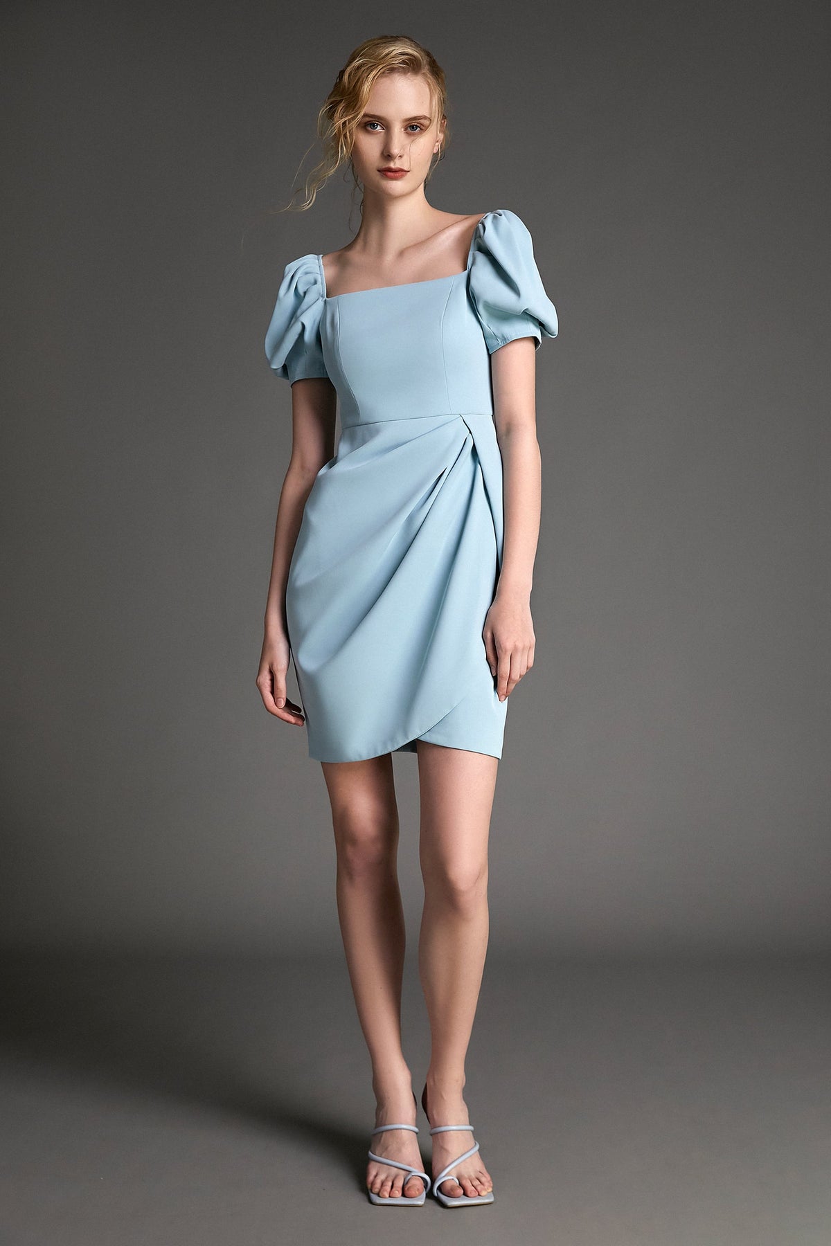 Light Blue Square Neck Puff Sleeve Mini Dress