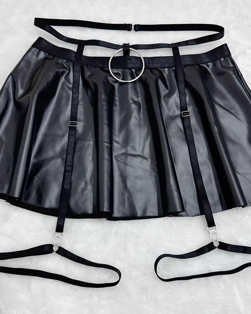 Cutout Faux Leather Mini Skirt Lingerie Set