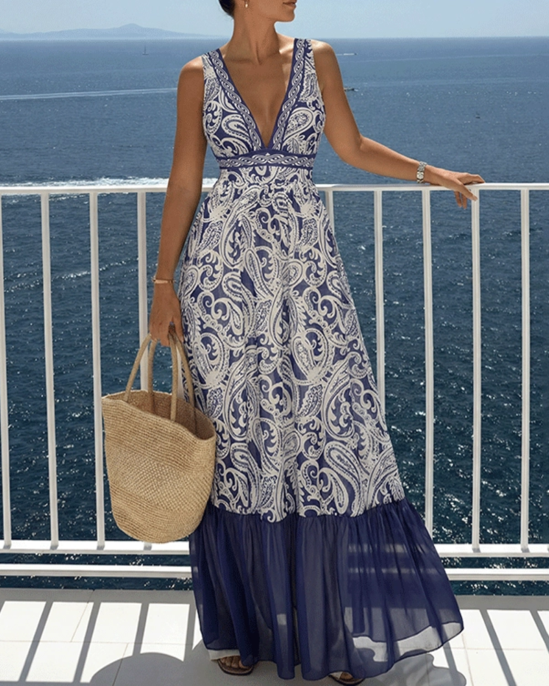 Blue Paisley Print Swimsuit Set