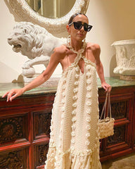 Beige Cross-Strappy Tip Floral Texture Midi Dress