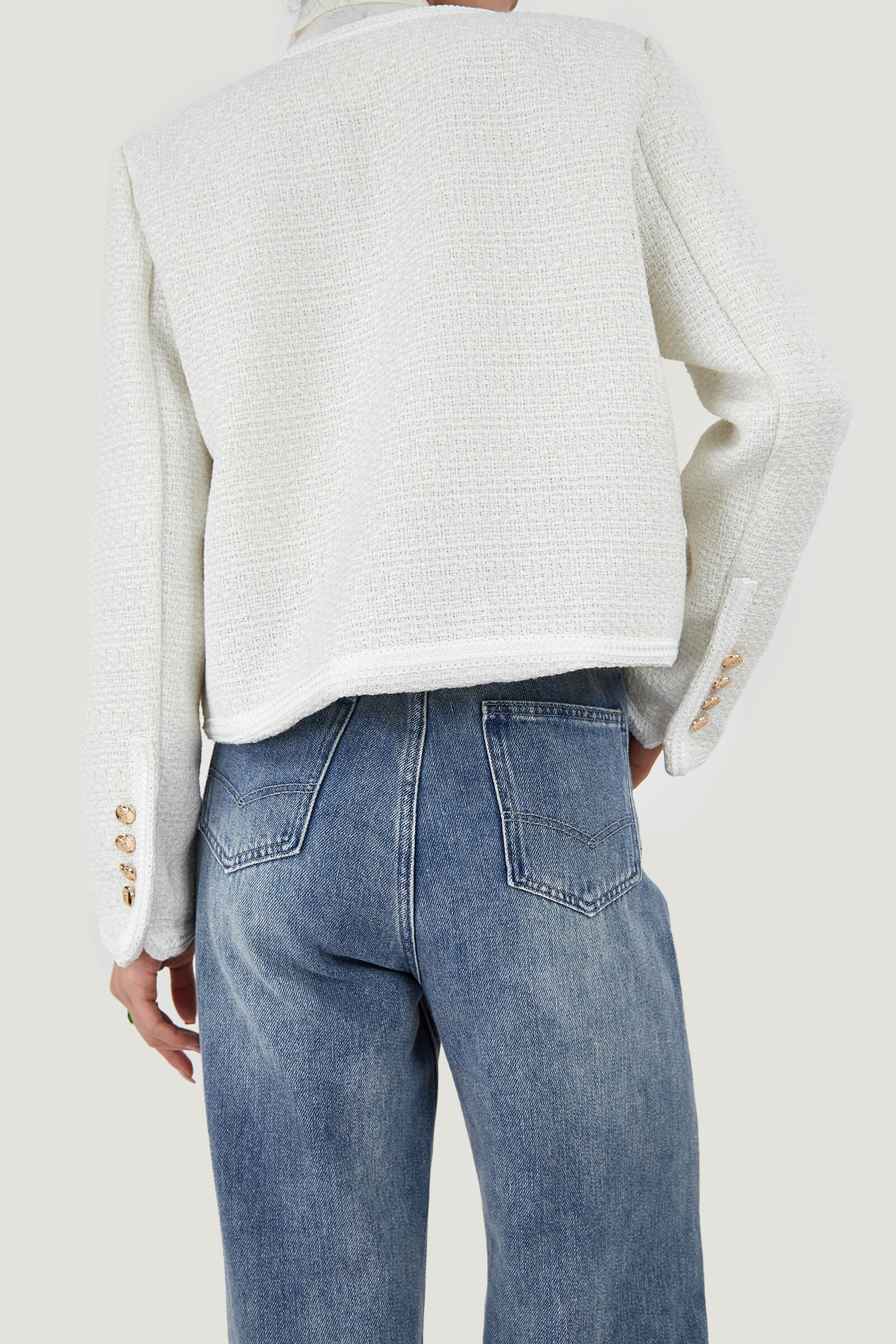 White Frenchy Button Front Detail Tweed Jacket