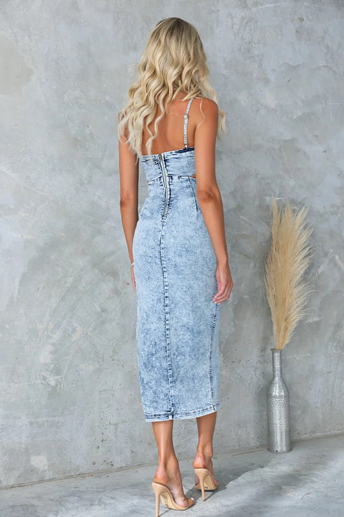 Carefree Style Denim Bodycon Midi Dress - 2 Colors