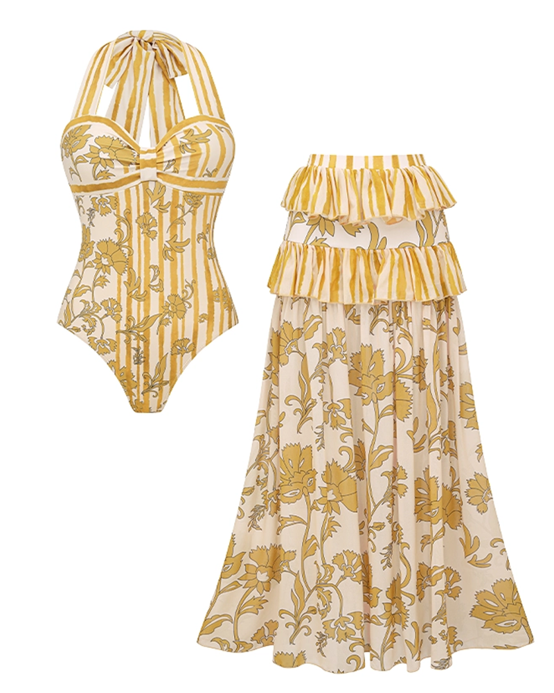 Lemon Yellow Halter Printed Swimsuit Set