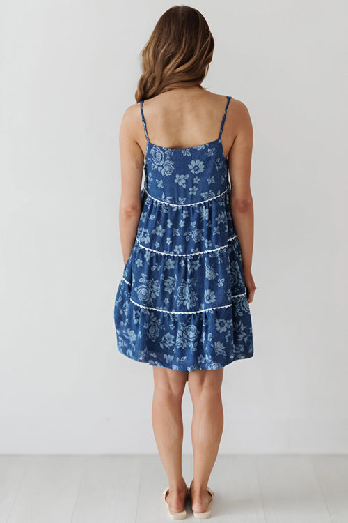 Avelina Washed Floral Denim Mini Dress