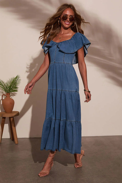 Laylie Medium Wash Denim Off Shoulder Maxi Dress