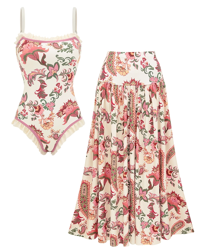 Ruffle Pink Paisley Print Swimsuit set