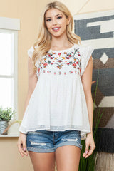 Sweetest Ease Floral Embroidered Swiss Dot Top