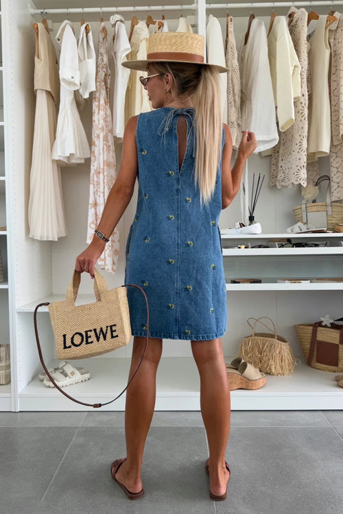 Dreamy Strolls Embroidered Tie-Back Denim Mini Dress