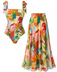 Adjustable Shoulder Straps Tropical Print Swimsuit Set