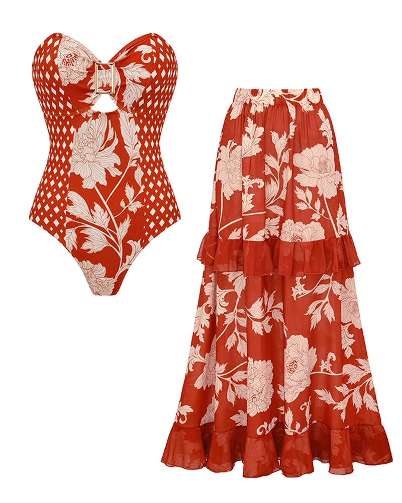 Bandeau Red Flower Print Cut Out Splicing Swimsuit Set