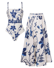 Adjustable Straps Blue & White Floral Print Swimsuit Set