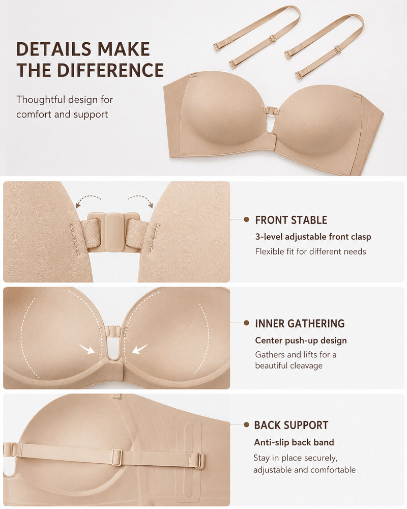 Double Front Closure Strapless Seamless Wire-free Push-up Bra