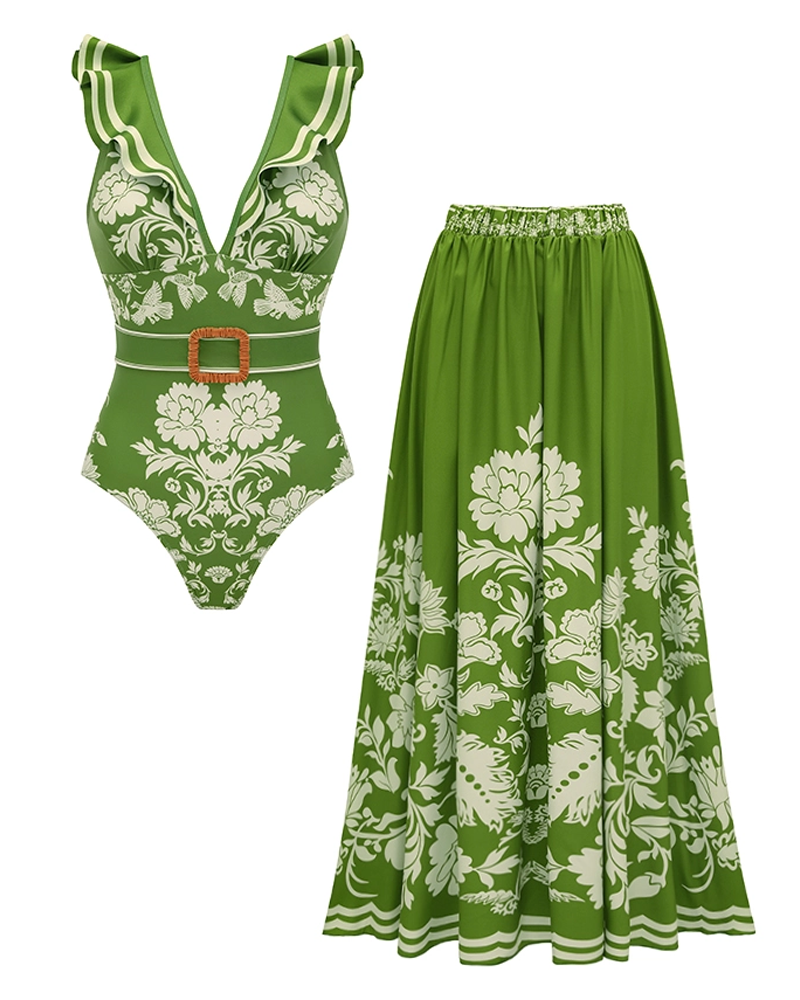 V Neck Ruffle Green Retro Printed Swimsuit Set
