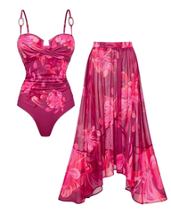 Sling Abstract Floral Print One Piece Swimsuit Set