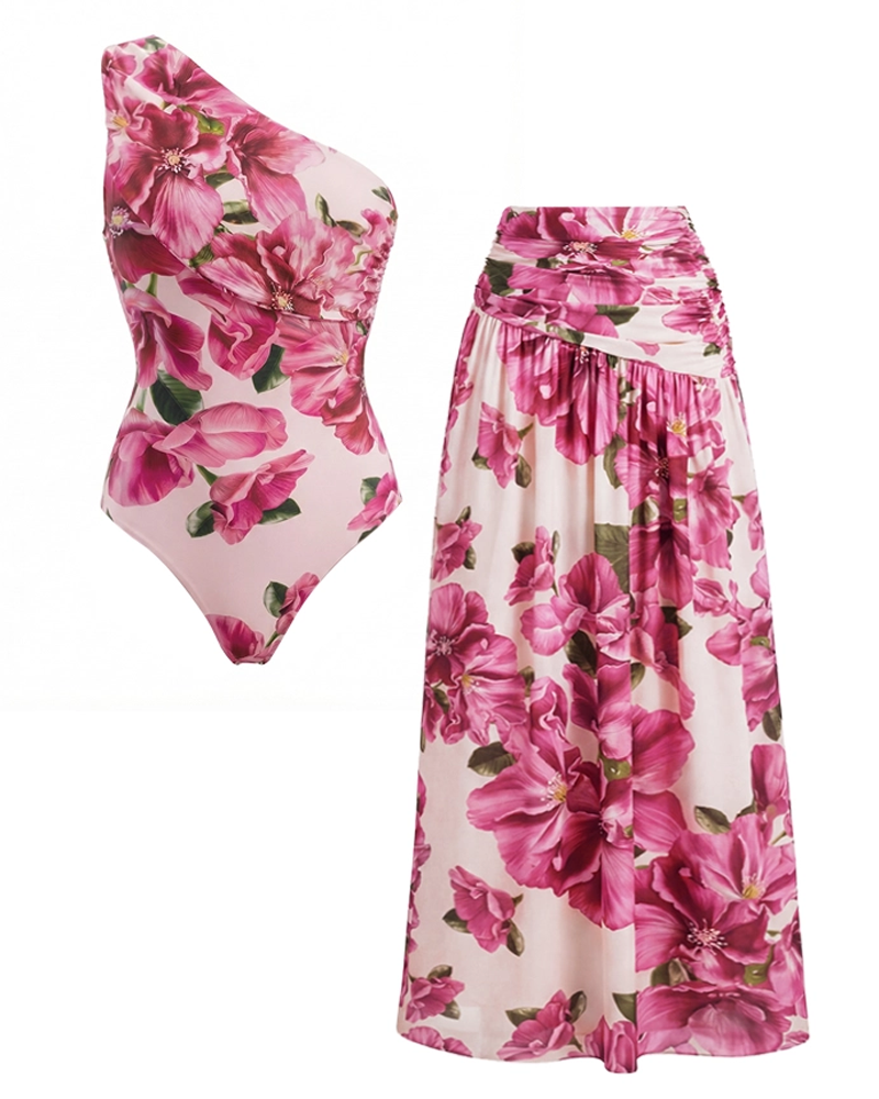 Elegant Pink Floral Printed Swimsuit Set
