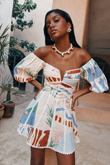 Always Remarkable Off Shoulder Print Mini Dress