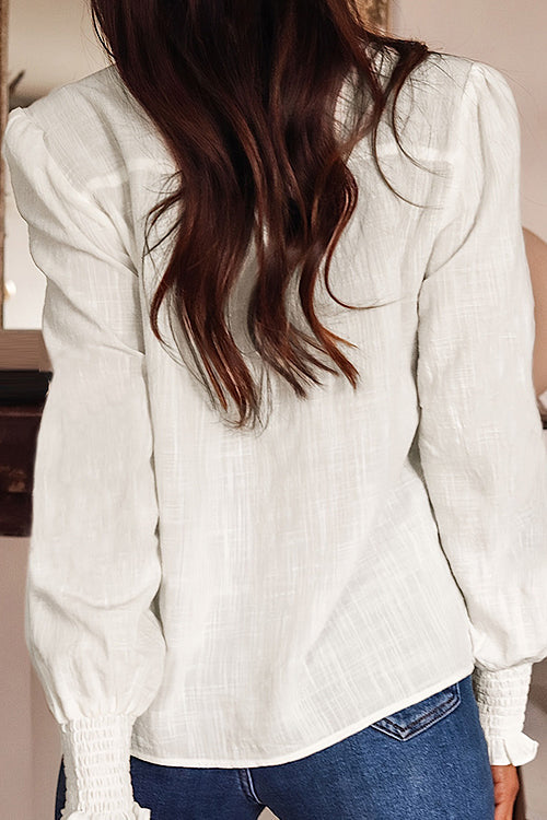 Malisa Cream Embroidered Button-Front Long Sleeve Top