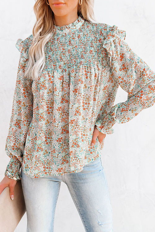 Evermore Floral Print Smocked Ruffle Top - 2 Colors