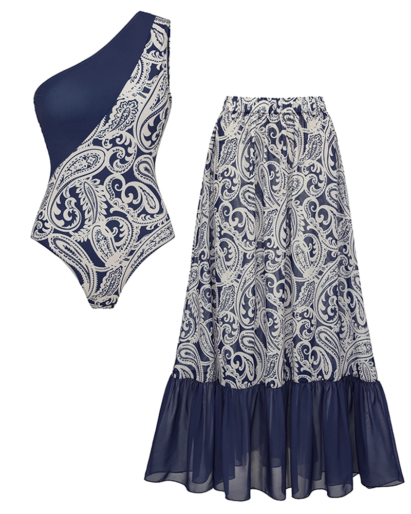 Blue Paisley Print Swimsuit Set