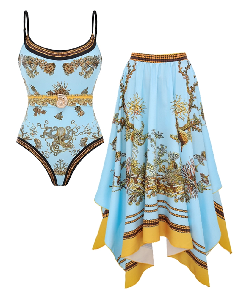 Marine Life Print Swimsuit Set