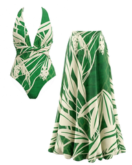 Elegant Green Botanical Print Swimsuit Set
