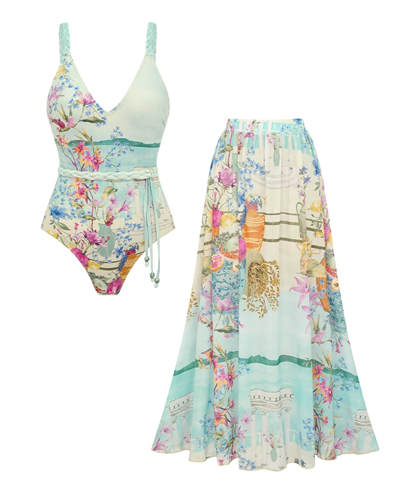 Elegant V Neck Printed Swimsuit Set