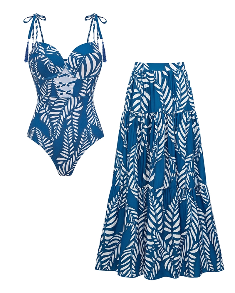 Sling Blue Tassel Leaves Print Cut Out Swimsuit Set