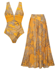 V Neck Yellow Plant Print Swimsuit Set
