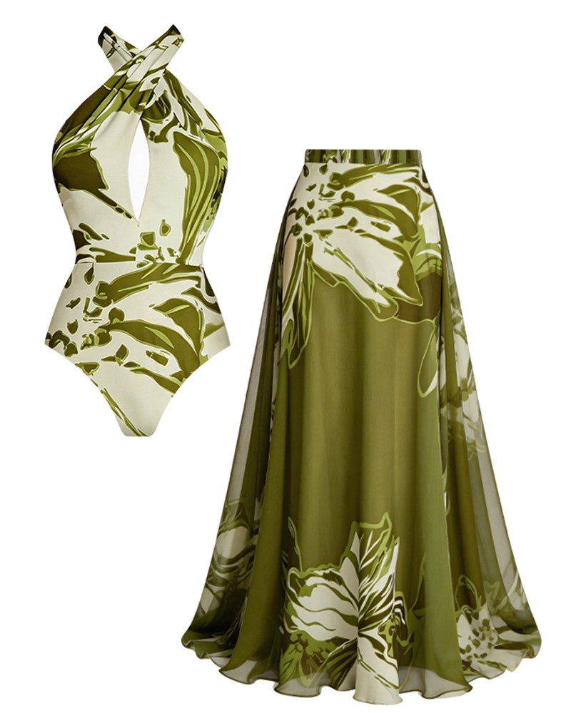 Green & White Halter Neck Swimsuit Set