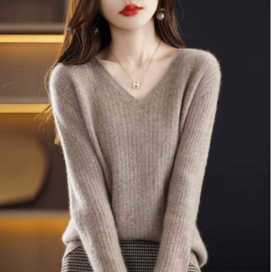 V-Neck Pullover Long Sleeve Solid Color Cashmere Sweater