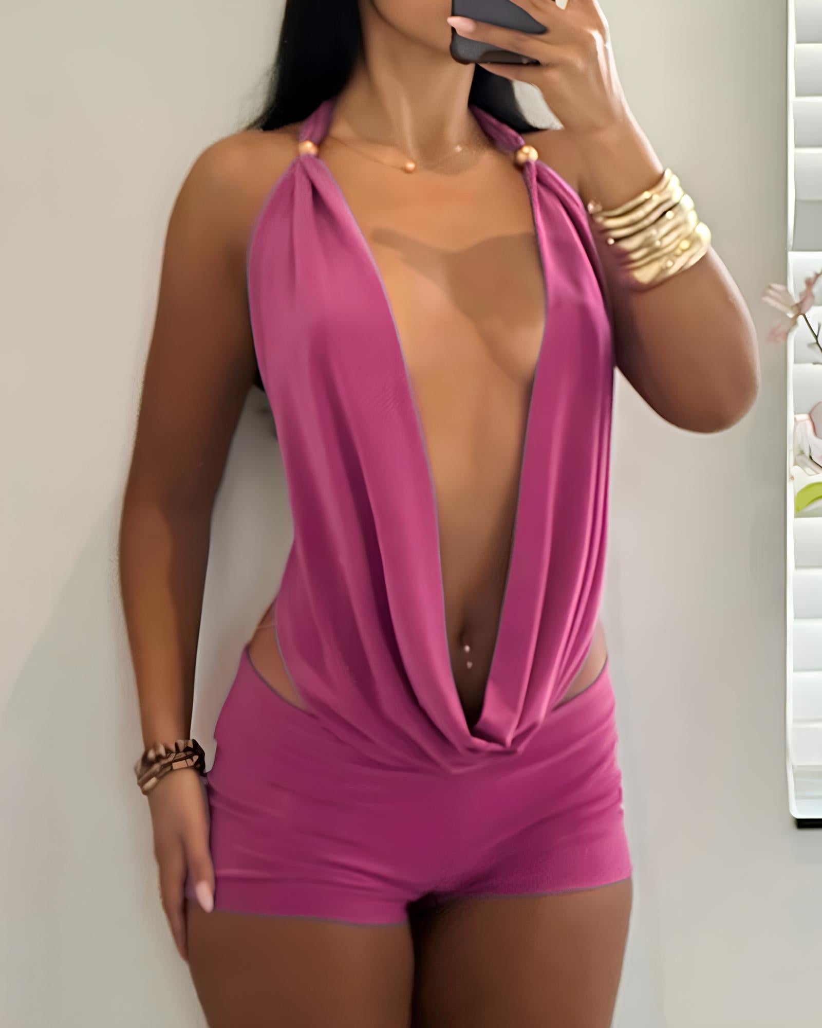 Halter Neck Backless Strappy Top and Shorts Two-piece Set
