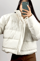 White Stand Collar Zip Puffer Jacket