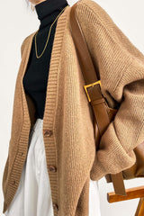 Brown Oversized Button Front Ribbed Knit Cardigan