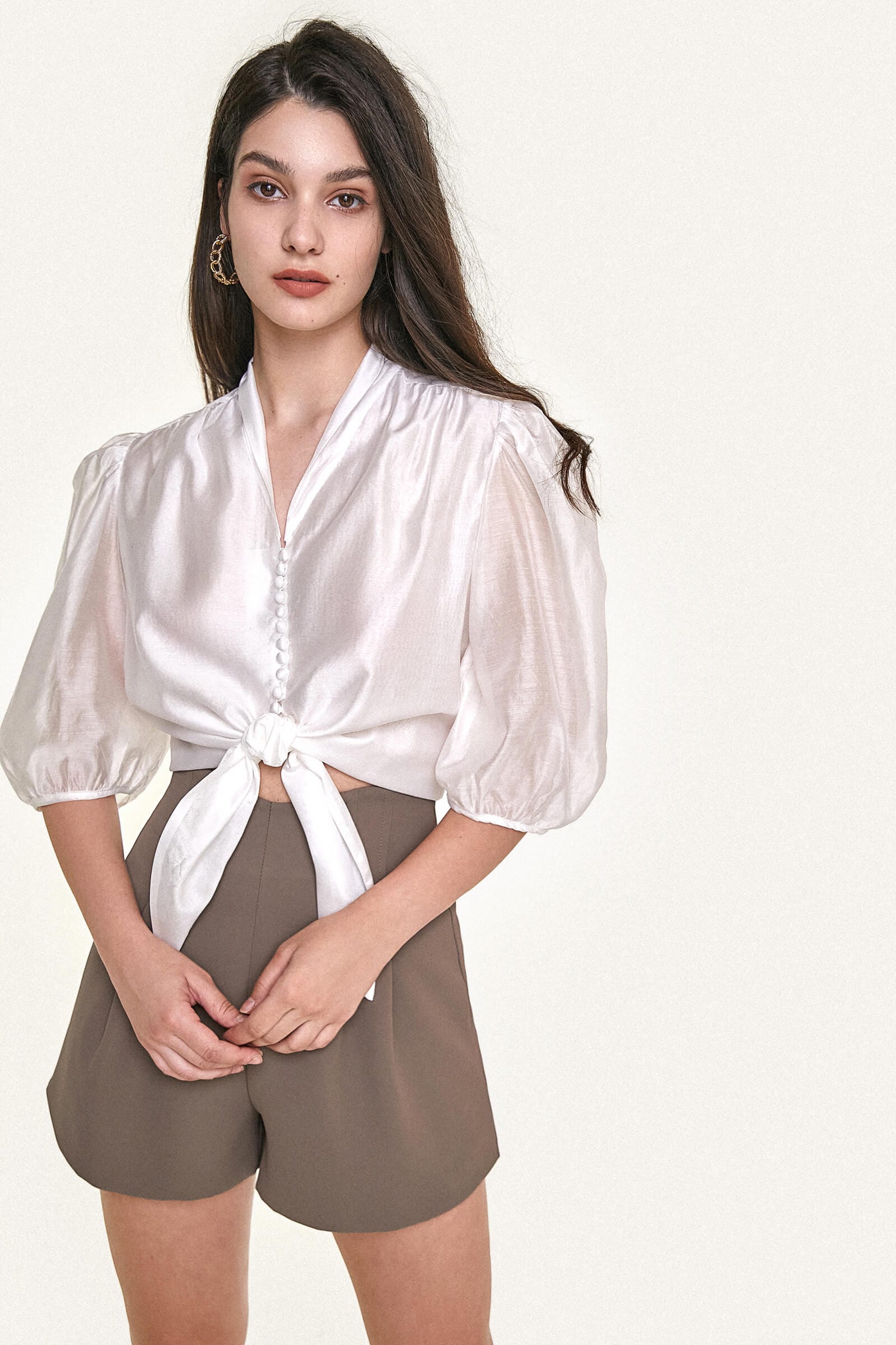 White Tie Hem Button Front Three-Quarter Puff-Sleeve Blouse