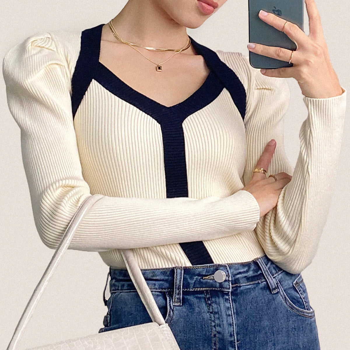 Ivory Ribbed Contrast Trim Sweater