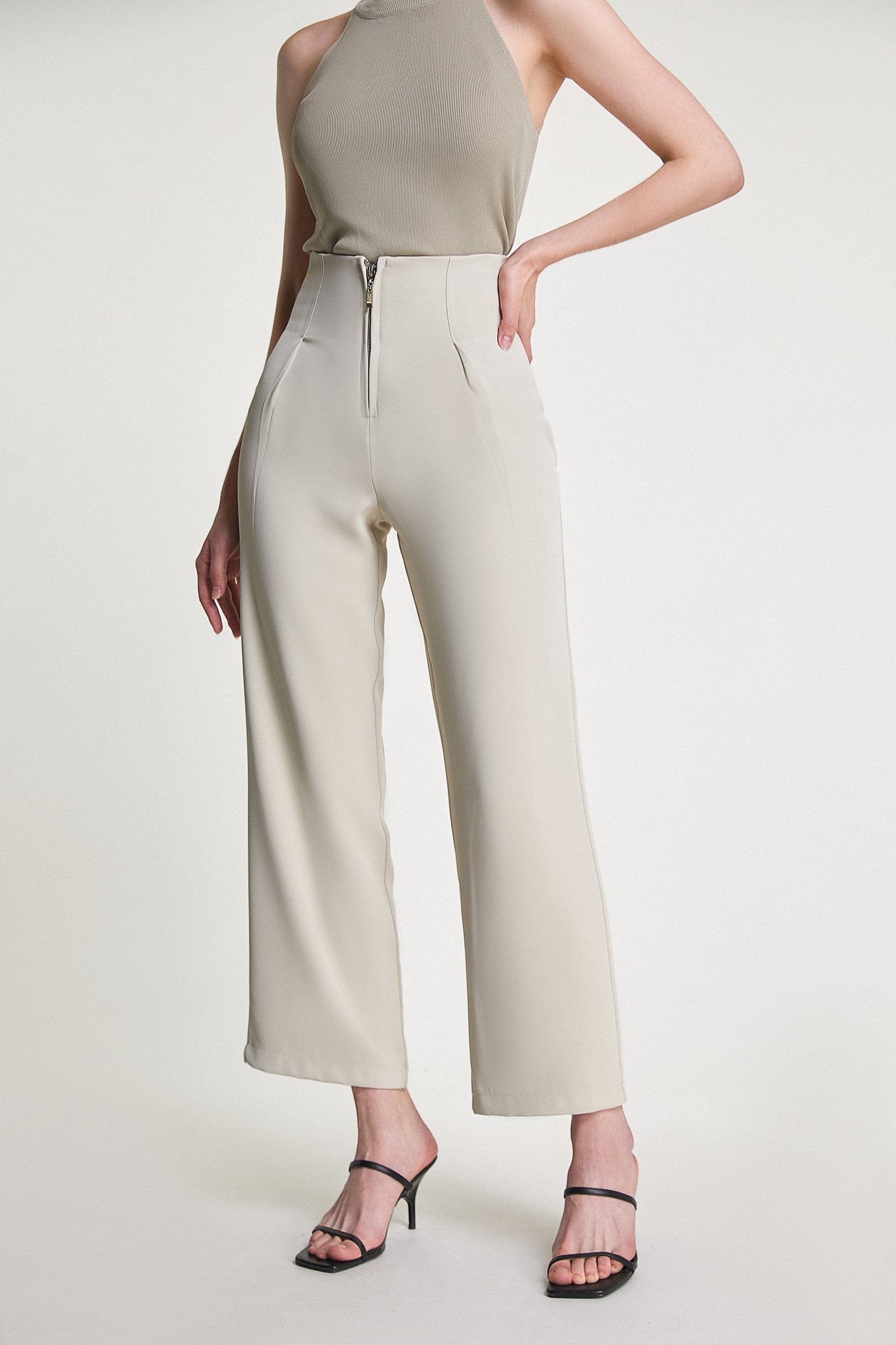 Tan Zip Front Straight Leg Tailored Pants