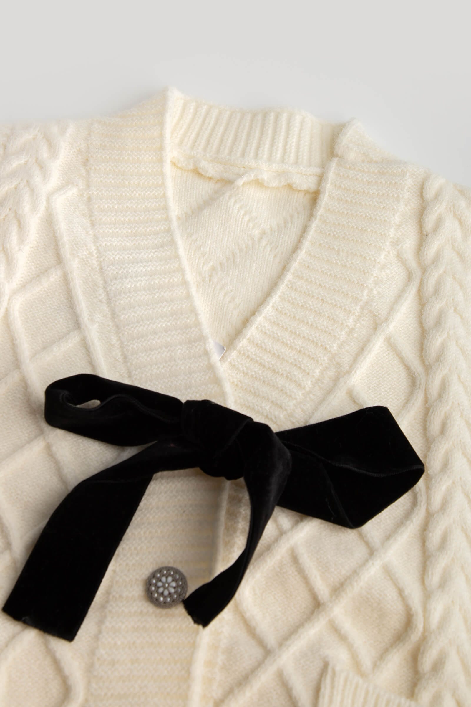 White Bow Detail Button-Up Cardigan