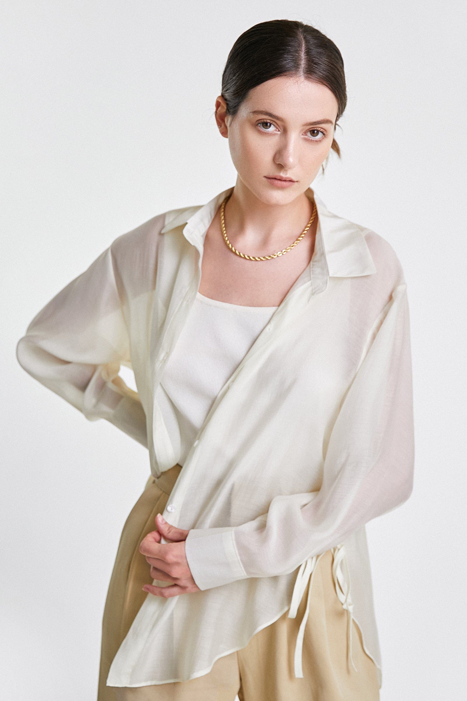 White Tie Side Button-Up Oversized Shirt