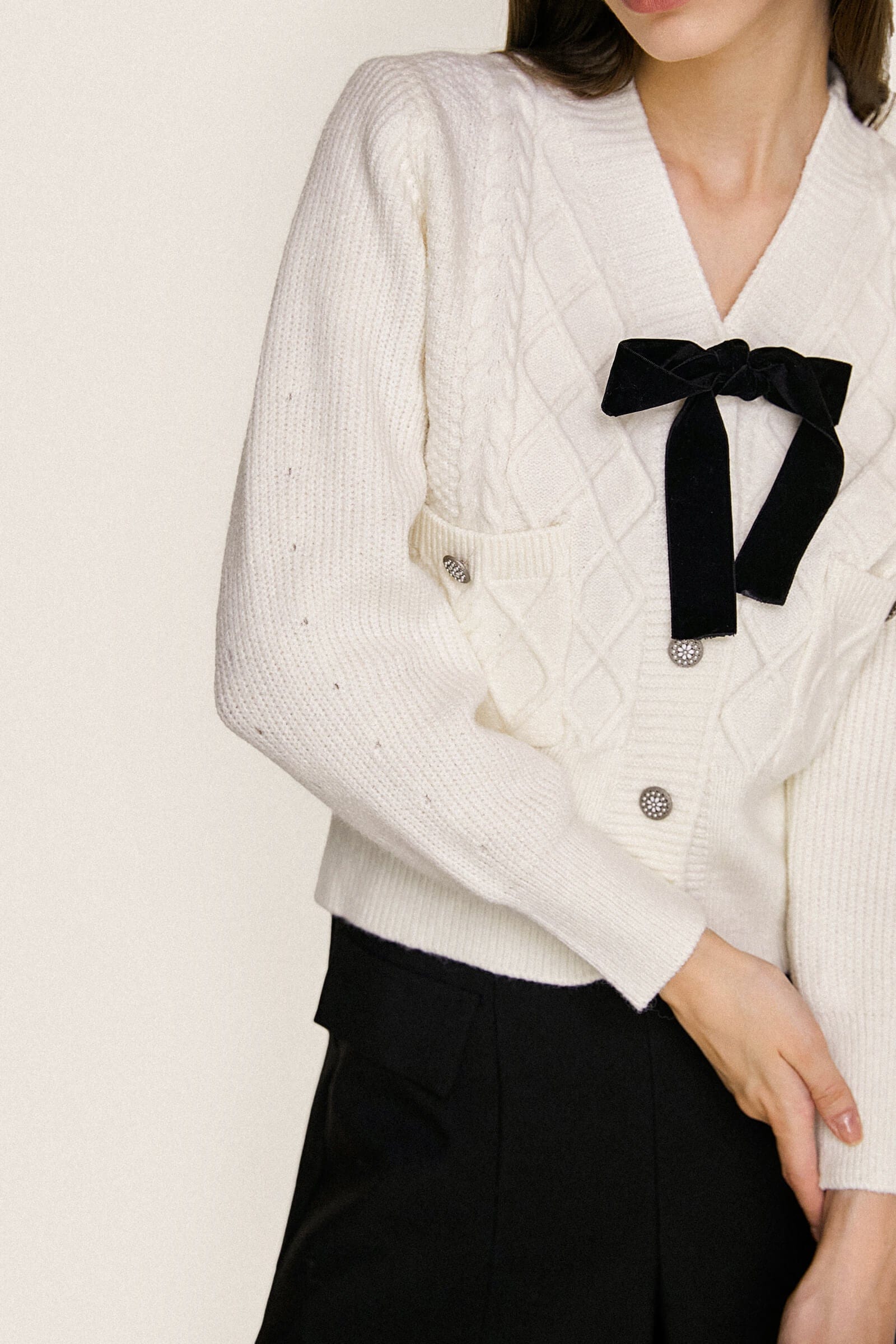White Bow Detail Button-Up Cardigan