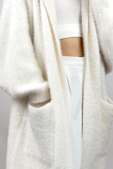 Ivory Faux Fur Open Front Hooded Long Cardigan