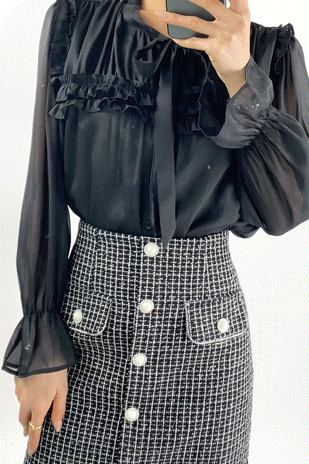 Tie-Neck Ruffle Pleated  Blouse