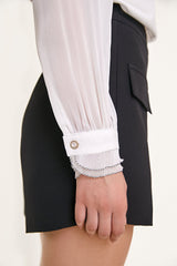 White High Neck Ruffle Detail Button-Up Work Shirt