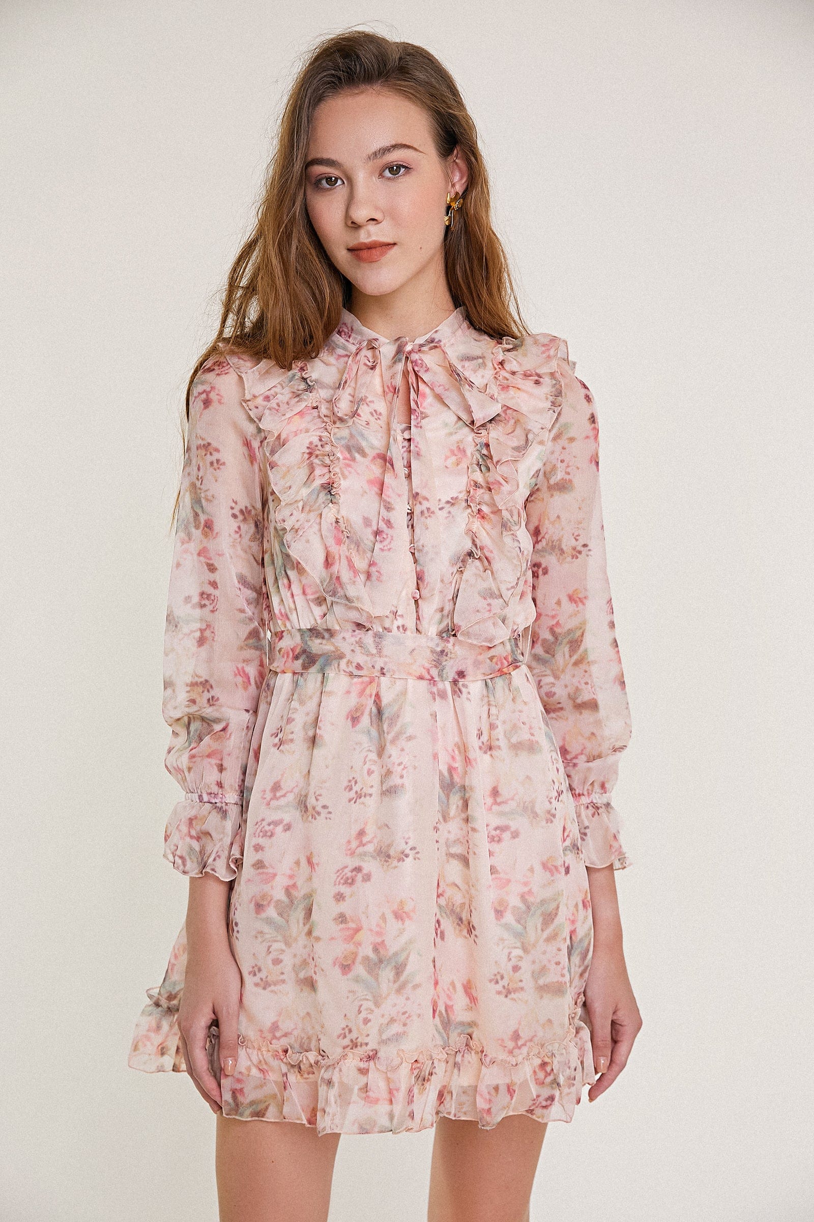 Pink Floral Print Long Sleeve Ruffled Tie Neck Chiffon Mini Dress