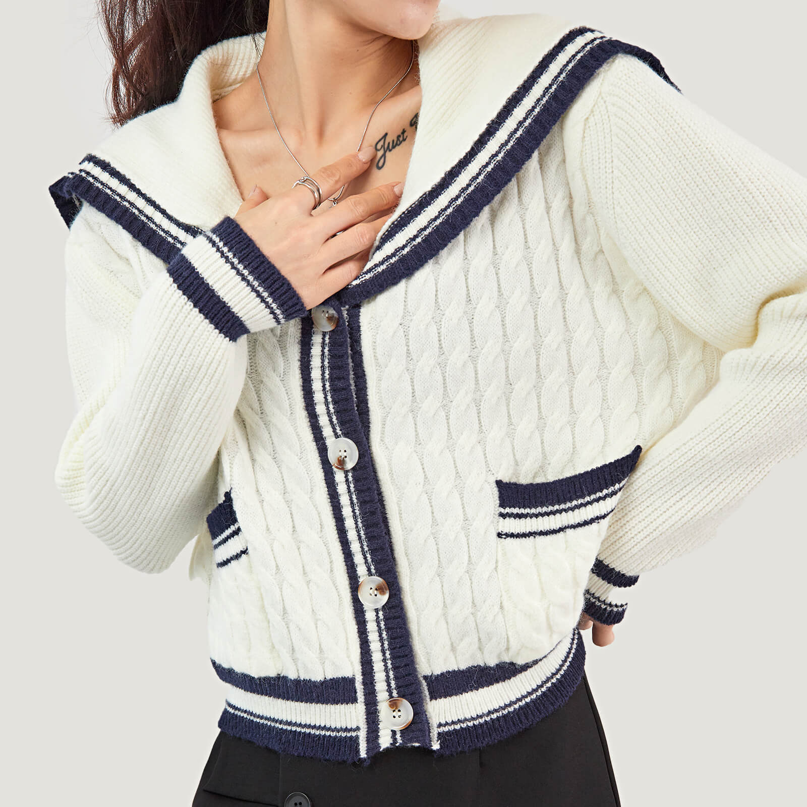 Ivory Sailor Collar Striped Trim Ribbed  Cardigan