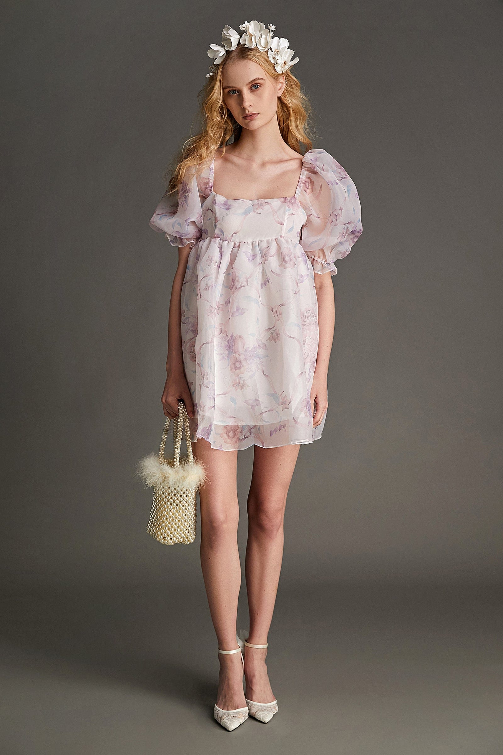 Plum Organza Floral Print Square Neck Puff Sleeve Babydoll Mini Dress